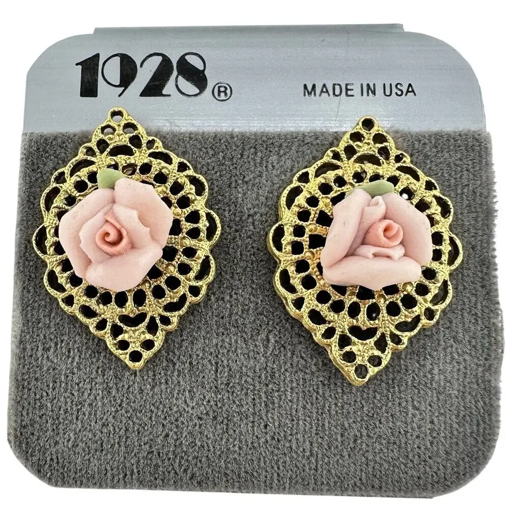 1928 NWT Vintage Style Pink Porcelain Rose Gold Tone Filigree 1